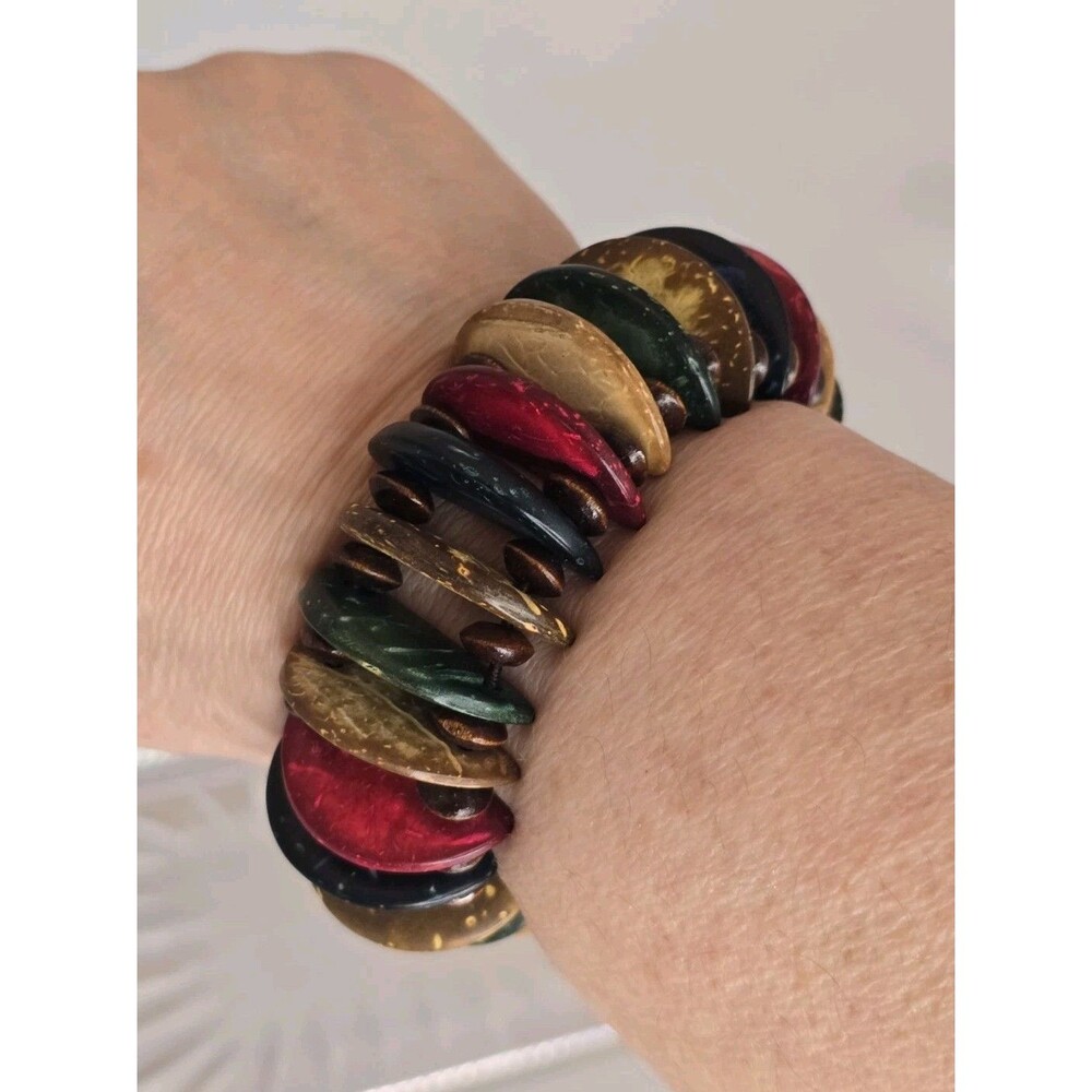 Vintage Stretch Bracelet Multicolor Shell Wood Beaded Boho Tropical Shell Tribal